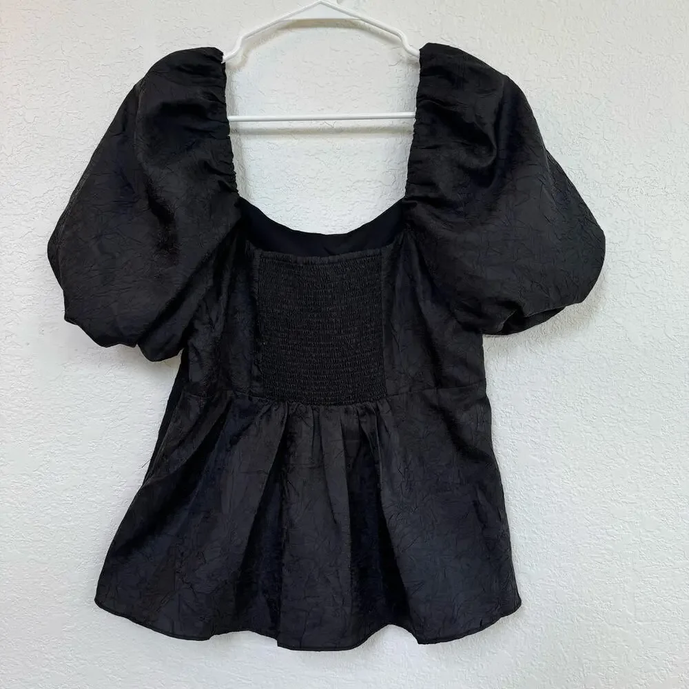 NWT Hill House Matilda Top Black Taffeta Puff Sleeves Large Milkmaid Coquette